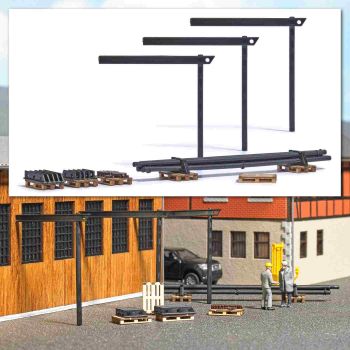 Paletten mit Maschinenteilen, 6 Paletten aus echtem Holz mit unterschiedlichen T-Profilen, Zahnrädern und Stangen, Bausatz