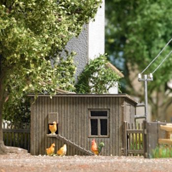 Hühnerstall mit Hühnern, Kikeriki - Hahn und 3 Hennen zum selbst Bemalen, Bausatz aus echtem Holz, Hühnerleiter, Größe: 42 x 29 mm, Höhe 26 mm