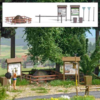 Waldameisen-Set: Großer Ameisenhügel mit Waldzubehör, Info-Tafeln, Absperrschranke, Schilder Schutzgebiet, Abfallbehälter, Holzzaun 140 mm, Bausatz