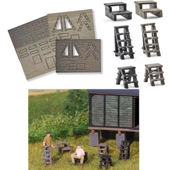 Aufstiege und Leitern, 6 praktische Aufstiegshilfen und Leitern, alles aus Echtholz, Bausatz