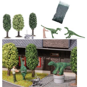 Prähistorischer Formschnitt, Dinosaurier-Heckenskulpturen formt dieser Landschaftsgärtner mit seiner Heckenschere, Bausatz mit 2 Dinos zum Beflocken,