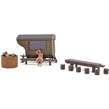 Schäferwagen-Sauna, zur Sauna umgebauter Schäferwagen mit Kühlbecken aus Echtholz, Bausatz mit 2 Figuren zum Selbstbemalen, Holztisch, 2 Bänke usw.
