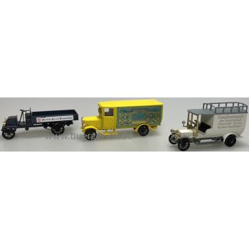 Lieferwagen Oldtimer-Set: 1 Büssing Pritschenwagen Mainzer Aktienbrauerei, 1 Benz Kastenwagen 4711, 1 SAG Lieferwagen Dampfwaschanstalt Deutsch.Kaiser