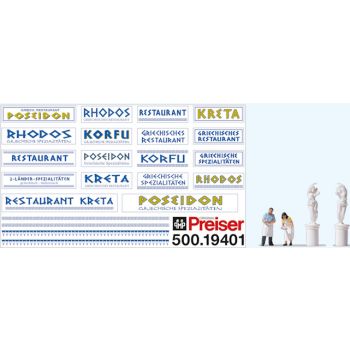 Zubehörset, Griechisches Restaurant, 2 handbemalte Restaurantmitarbeiter, 2 griechische Statuen, Druckbogen für Fassadengestaltung
