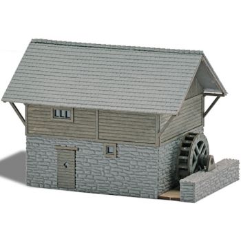 Wassermühle mit Mühlrad, Gebäudefassade in Steinoptik und aus echtem Holz, Bausatz, Größe 123 x 80 mm, Höhe 84 mm
