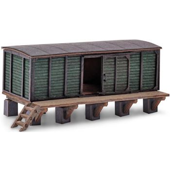 Behelfsschuppen mit Rampe, Bausatz, Beblankung aus echtem Holz, Größe 97 x 46 x 40 mm