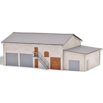 Lagerhaus mit Anbau in Betonbauweise, fertig koloriert, Größe 240 x 130 x 85 mm, Bausatz