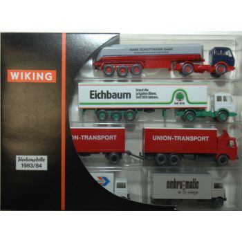 Set: Mercedes 813 Koffer LKW Autohansa, Mercedes 813 Koffer LKW embru matic, MAN Kofferhängerzug UNION-TRANSPORT, Mercedes Biersattelzug Eichbaum,