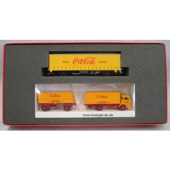 Magirus Planenhängerzug Coca-Cola, mit Modellbahn-Waggon