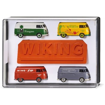 Geschenkpackung - VW T1: Inhalt: 4 VW T1 Kastenwagen, Fixogum, Gartenfreund, WIMO-Sip, Wiking Modellbau Kiel, mit Wiking-Aufsteller