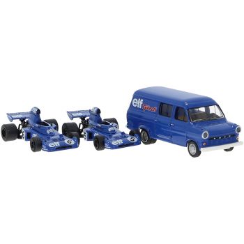 Set Tyrell 006 elf Formel 1 Großer Preis Nürburgring 1973 mit 2 Rennwagen No.5 und No.6 und Ford Transit
