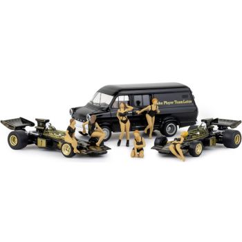 Set Lotus 72 mit 2 Formel1-Autos No.1 + No.2, 6 PR-Girls und Ford Transit Transporter - John Player Team Lotus,