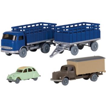 Set Wiking Verkehrsmodelle 77: 1 Mercedes-Benz LP 321 LKW Pritschenhängerzug mit Gitteraufbau, 1 Mercedes-Benz L 3500 Koffer-LKW, 1 Citroen 2CV - Ente