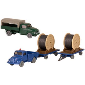 Set Wiking Verkehrs-Modelle 80: Opel Blitz Pritschen-LKW und Magirus 3500 Rundhauber mit 2 Schwergut Anhänger und Ladegut (Kabeltrommeln)