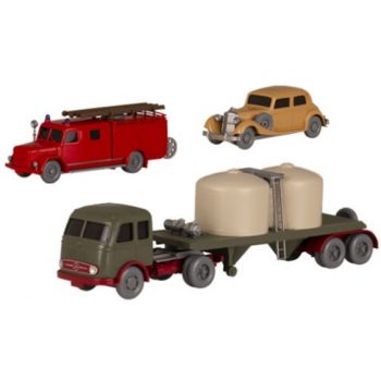 Set Wiking Verkehrsmodelle 87: 1 Magius Eckhauber LF 16 Feuerwehr, 1 Mercedes-Benz 260 D Limousine, 1 Mercedes-Benz LPS 333 Chemiekaliensattelzug