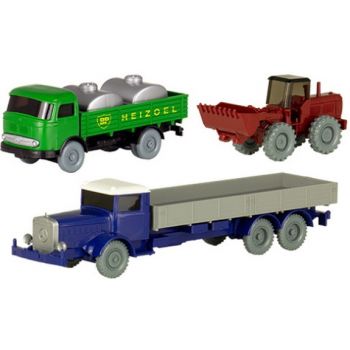 Set Wiking Verkehrsmodelle 88: 1 Mercedes-Benz L 1000 Pritschen-LKW, 1 Mercedes-Benz Pullman Behelfstankwagen BP Heizoel, 1 Hanomag Radlader
