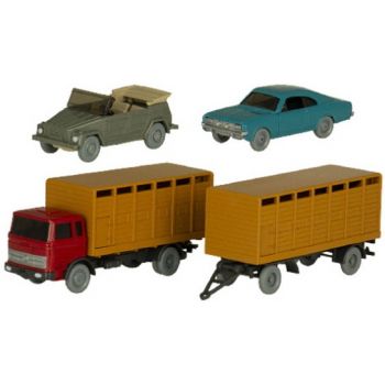 Set Wiking Verkehrsmodelle 89: 1 Mercedes-Benz Viehtransporterhängerzug, 1 Opel Commodore Coupe und VW 181 offen