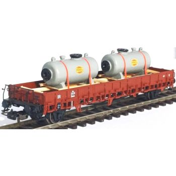 Ladegut kleine Kessel MINOL auf Transportgestell gelagert mit Spannbändern gesichert, Länge ca. 120 mm