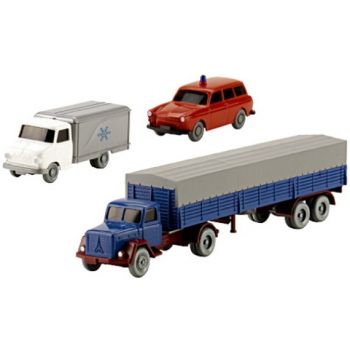 Set Wiking Verkehrsmodelle 91: 1 Opel Blitz Tiefühlwagen, 1 VW 1600 Variant Feuerwehr, 1 Magirus Saturn Eckhauber Pritschen-/Planensattelzug