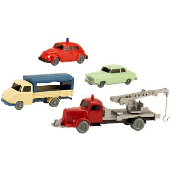Set Wiking Verkehrsmodelle 94: 1 Borgward Isabella, 1 VW Käfer Feuerwehr, 1 Mercedes-Benz L3500 Autoabschleppwagen, 1 Opel Blitz Getränkepritschen LKW