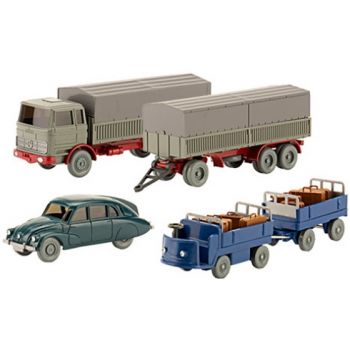Set Wiking Verkehrsmodelle 95: 1 Mercedes-Benz 1620 Stahlpritschen-/Planenhängerzug, 1 Tatra 603, 1 Elektrokarre mit Anhänger beladen mit Koffern
