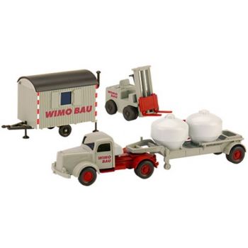 WiMo-Baus Set, Ausgabe 1: Mercedes-Benz L 5000S Zement-Silosattelzug, Bauwagen, Gabelstapler, WIMO BAU