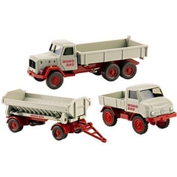 WiMo-Bau-Set, Ausgabe 2: Magirus-Deutz Eckhauber 3achs-Pritschenkipper, Mercedes-Benz Unimog 411 Pritsche, Mulden-Kippanhänger, WIMO BAU