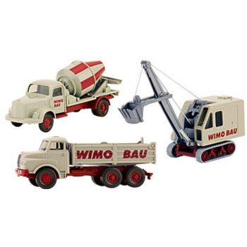 WiMo-Bau Set, Ausgabe 3: Krupp-Adelt Löffelbagger, MAN 3achs-Hochbordkipper, Mercedes-Benz L3500 Betonmischer, WIMO BAU