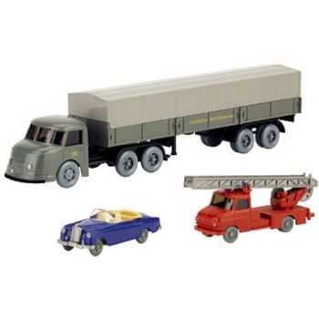 Set Wiking Verkehrsmodelle 98: 1 Opel Blitz Drehleiter Feuerwehr, 1 Henschel Pritschen-/Planensattelzug Deutsche Bundesbahn, Mercedes-Benz 220 Cabrio