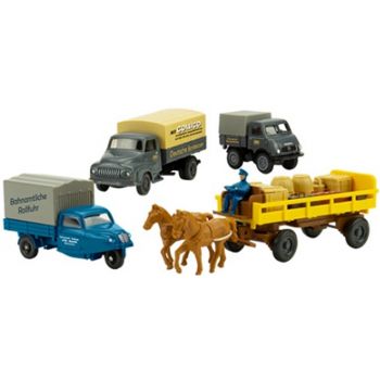 Set Edition Deutsche Bundesbahn,  Unimog U401 der DB, Pferdegespann, Goli Dreirad Bahnamtliche Rollfuhr, Ford 2500 Deutsche Bundesbahn