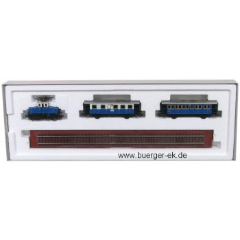 Zugpackung (Zugspitzbahn), MHI-Mitgliederversammlung 2000, E-Lok und 2 verschiedene Personenwagen, blau/weiß, Digital