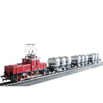 Zugpackung mit Behältertragwagen, E-Lok BR E63 in rot mit 3 Behältertragwagen,