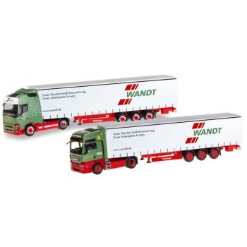 Jubiläumsset mit 2 Modellen: 80 Jahre Spedition Wandt, Niedersachsen / Braunschweig, MAN Gardinenplanensattelzug und Volvo Gardinenplanensattelzug