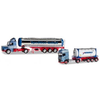 Jubiläumsset mit 2 Modellen: 50 Jahre Spedition Anhalt, Rehm-Flehde-Bargen/Niedersachsen, Tanksattelzug und Container-Tanksattelzug