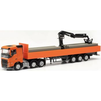 Volvo FH FD 2020 Pritschen-Sattelzug mit Ladekran und Beladung 3a/3a, orange