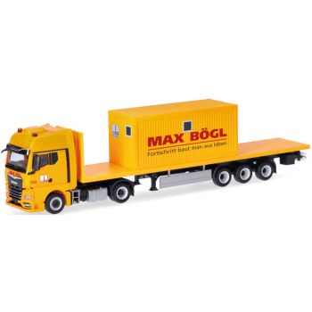 MAN TGX GX Flachbett-Sattelzug beladen mit Bürocontainer, Max Bögl - Fortschritt baut man aus Ideen. - Sengenthal, Bayern