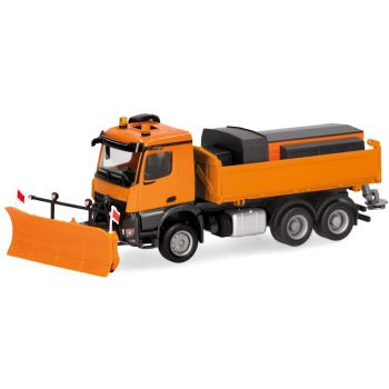 Mercedes-Benz Arocs 18 M, Dreiseitenkipper-LKW 3achs mit Streuaufbau und Schneepflug, kommunalorange
