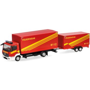 Mercedes-Benz Atego 13 Planen-LKW mit Planden-Anhänger, Feuerwehr GW Logistik, rot mit gelbem Streifendesign