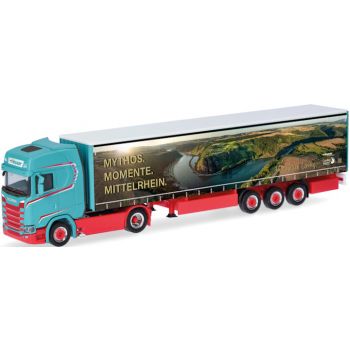 Scania CS 20 Hochdach Gardinenplanen-Sattelzug, Spedition Heusen - Faszination Loreley, Mythos. Momente. Mittelrhein. - Oberbachheim, Rheinland-Pfalz