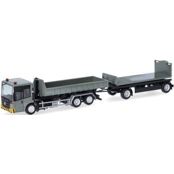 Mercedes-Benz Econic Wechsellader-Hängerzug mit flacher Mulde und Flat, grau/gelb