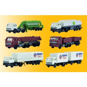 Set LKW Sattelzüge, 6 Stück, verschiedene Sattelzug Kombinationen mit DAF- und Mercedes-Benz Zugmaschinen sowie Tank-, Silo- und Pritschen-/Planen-