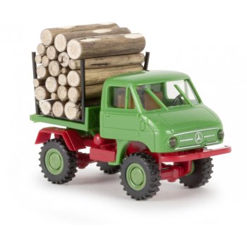 Unimog 402 mit Holzladung, resedagrün/rubinrot
