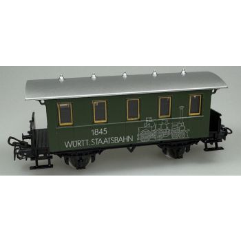 1845 Württ.Staatsbahn mit skizzierter Dampflok, Personenwagen grün, 2achsig