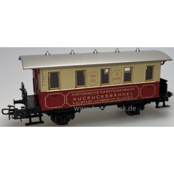 Kuckucksbähnel Historische Dampfeisenbahn Neustadt-Lambrecht-Elmstein, 10 Jahre 1984 1994, Personenwagen rot/beige, goldene + goldfarbene Umrahmung