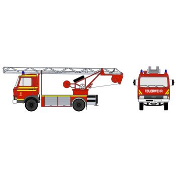 Magirus Deutz 90M5 Zeta, Drehleiter DL 18 der Berufsfeuerwehr München, Kfz-Kennzeichen M-2009, rot mit gelbem Streifendesign