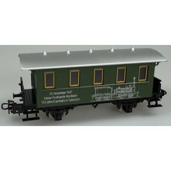 Personenwagen, 13.November 1837 Kaiser-Ferdinands-Nordbahn 150 Jahre Eisenbahn in Österreich, mit silbern skizzierten Dampflok aus dieser Zeit