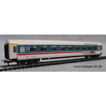 IC/EC-Abteilwagen, DB-Design-Studie, 4achsig, hellgrau/türkis mit rotem Design, Wagen-Nr. 618019-90119-7,