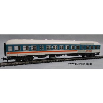 City-Bahn-Wagen, DB-Design-Studie, 2.Klasse, 4achsig, hellgrau/türkis mit orangefarbenem Streifen, Wagen-Nr. 508022-53721-3,