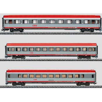 Wagenset: 3 Schnellzugwagen der ÖBB, Österreichischen Bundesbahn, 1 Wagen 1.Klasse, 1 Wagen 2.Klasse, 1 Großraumwagen 2.Klasse, im Farbdesign Mozart