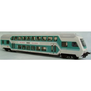 Doppelstock-Steuerwagen der DB mit Steuerabteil und Stirnbeleuchtung, PSW-Reisen (Polizeisozialwerk), 2.Klasse, 4achsig, grün/hellgrau, Sondermodell